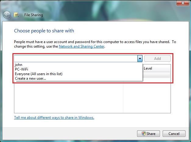 In the File Sharing window, select the user(s) who will be able to access this folder, then click Add.