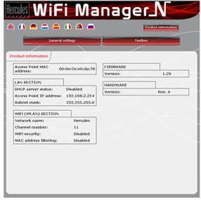 Hercules Wireless N Access Point HWNAP-300 5.4. Product information WiFi Manager N allows you to view all of the information relating to the functioning of your Hercules access point.