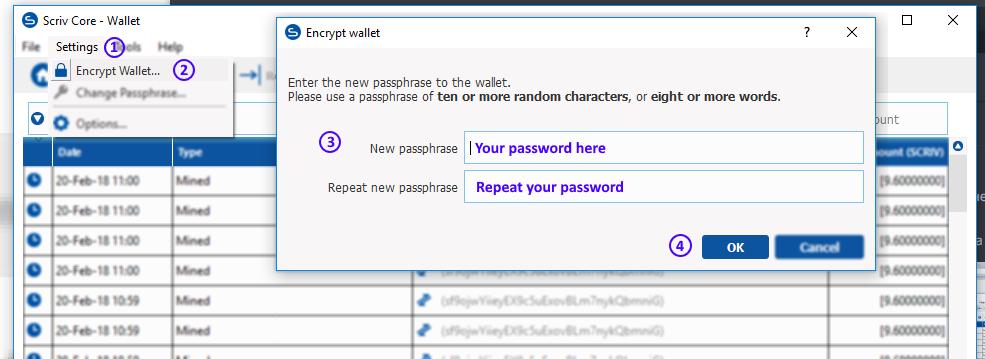 2. Taking safety precautions 2.1. Wallet encryption Inside wallet go to Settings Press Encrypt wallet. In appeared window type and repeat password Press OK Read warning and agree, pressing OK.