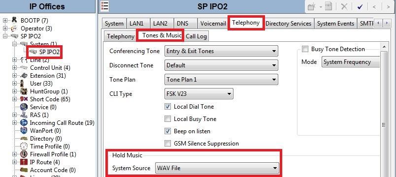 Under Tones & Music tab as shown below, Hold Music was configured with System Source to use WAV File which is an uploaded medium to provide Music on Hold on the SIP Trunk.
