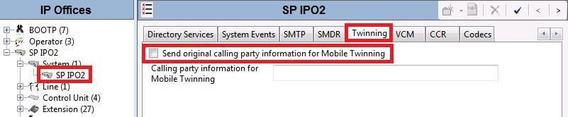 5. For the compliance testing, Send original calling party information for Mobile Twinning was unchecked as shown below.
