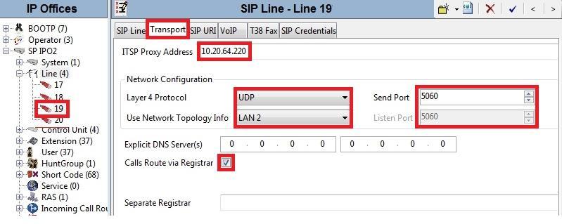 5.5.2 Administer Transport Settings Select Transport tab then configure following parameters as shown in the screenshot below. ITSP Proxy Address was set to the Windstream SIP Proxy IP Address.