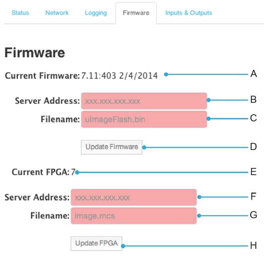 8.5. Firmware Updates A. Current Firmware version B. Server Address Address of the tftp server containing the firmware update file C. Filename Name of the firmware file to load D.