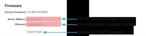 4. Under Current Firmware on the right hand side, enter the following: TFTP Server IP Address: [Master Host IP Address] Firmware File