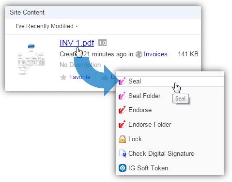 6. In the Document Actions menu, click Seal. a. The Authorization page opens. b.