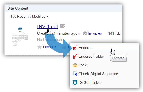 5. Select the file to endorse by clicking the File Name. a. The selected file opens. 6. In the Document Actions menu, click Endorse. a. The Signers authorization page opens.