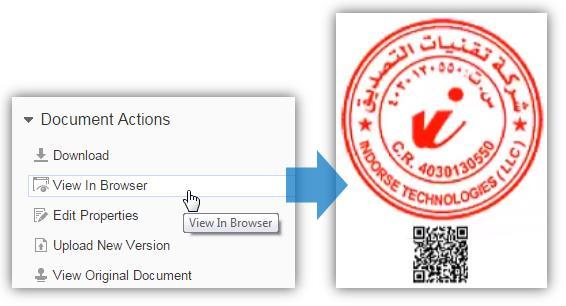 11. To verify the endorsement process, click View In Browser in the Document Actions menu. a.