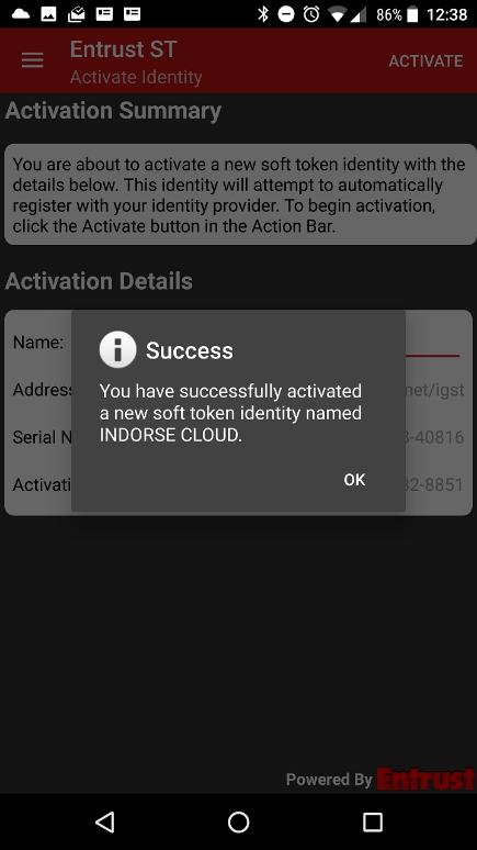 Click the Activate button on the Mobile page and then an activation Success message will appear