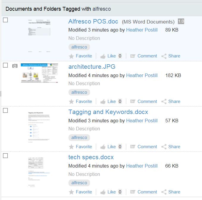 Figure 2 Documents filtered by tag in Alfresco The above example shows how to filter with tags, but tagging provides another parameter that is searchable.
