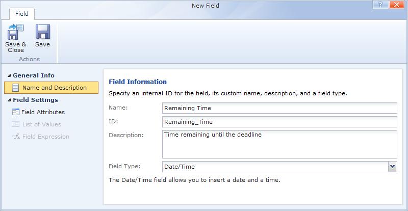How to Creating the 'Remaining Time' field 5. Go to the attributes of the Remaining Time field and select the Calculated check box. The Field Expression tab becomes available. 6.