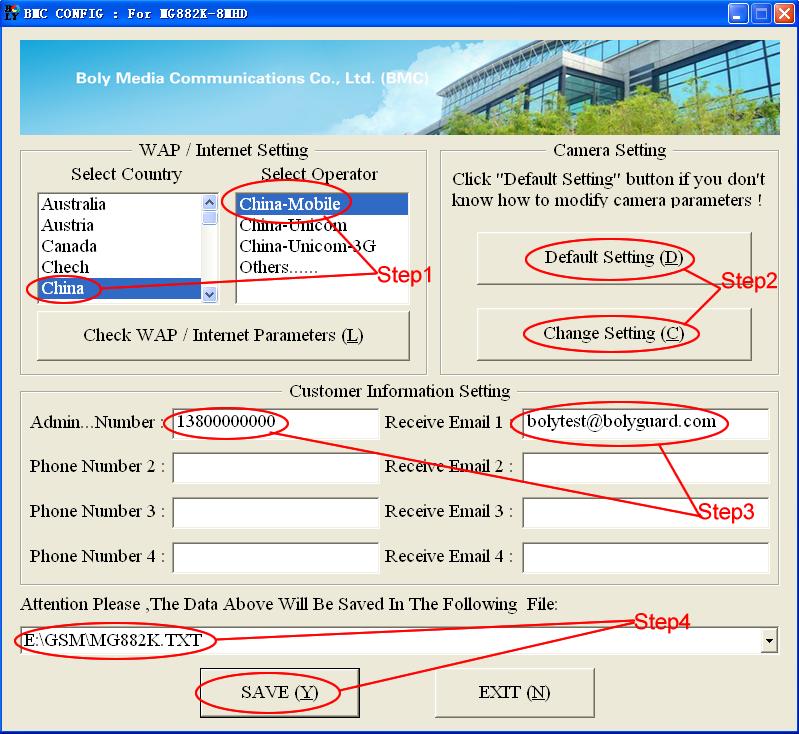 2 Quick Start Guide First, select your country and carriers (step1) according to your SIM card and input your receiving phone number in administrator number and receiving e-mail address in Receive