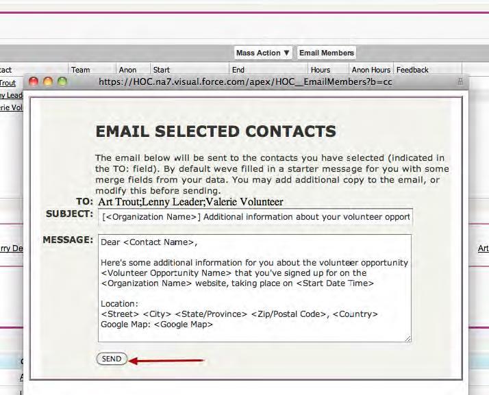 Employee Volunteer Leader User Guide p. 13 The email contains a number of merge fields to personalize the email with details.