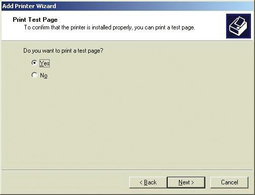 Select Yes to print a test page