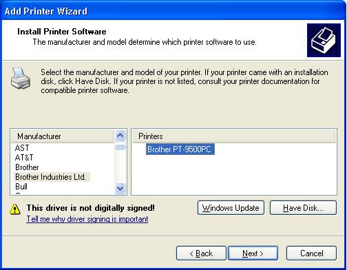 5 In the Add Printer Wizard dialog box, select the P-touch printer driver to be used, and then click [Next].