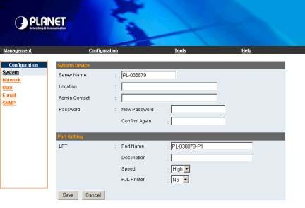8.2 Configuration 8.2.1 System In this option, you can configure the basic information of your print server.