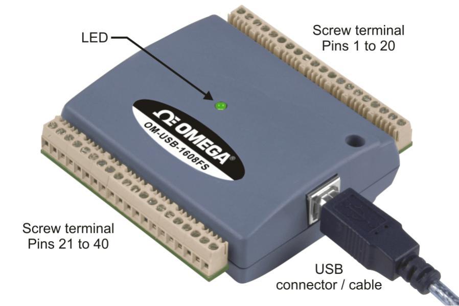 Functional Details External components The OM-USB-1608FS has the following external components, as shown in Figure 3. USB connector LED Screw terminal banks (2) Figure 3.