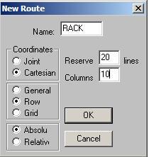 Reference routes in Cartesian mode Row A Row is a list of positions that would not be RUN but are just used as references, for example positions in a rack of test tubes.