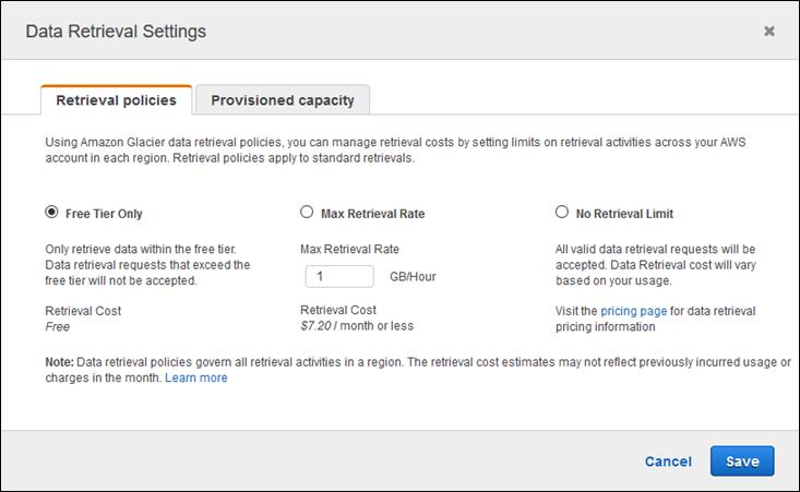 Using the Amazon Glacier API to Set Up a Data Retrieval Policy You can select one of the three data retrieval policies: Free Tier Only, Max Retrieval Rate, or No Retrieval Limit.
