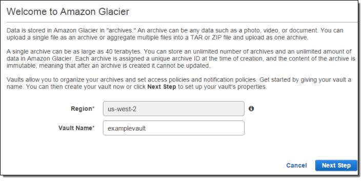 To create a vault 1. Sign into the AWS Management Console and open the Amazon Glacier console at https:// console.aws.amazon.com/glacier/. 2. Select a region from the region selector.