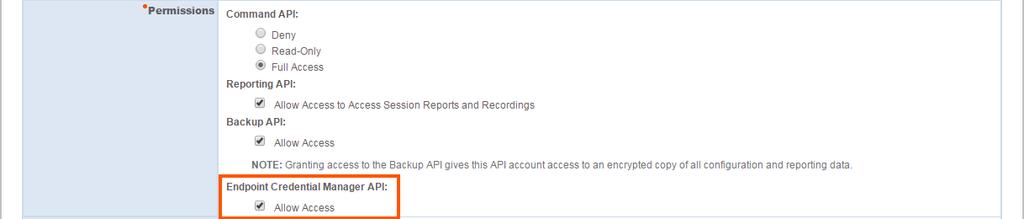 For the Reporting API, check Allow Access to Support Session Reports and Recordings and Allow Access to Presentation Session Reports and Recordings.