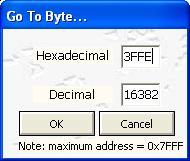Goto Byte... When the Go To Byte menu selection is made from the Edit menu, a dialog box is displayed where a hex or decimal address may be entered.