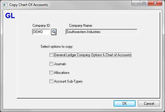 3. If you wish to copy GL Options and Chart of Accounts from another company click Yes.