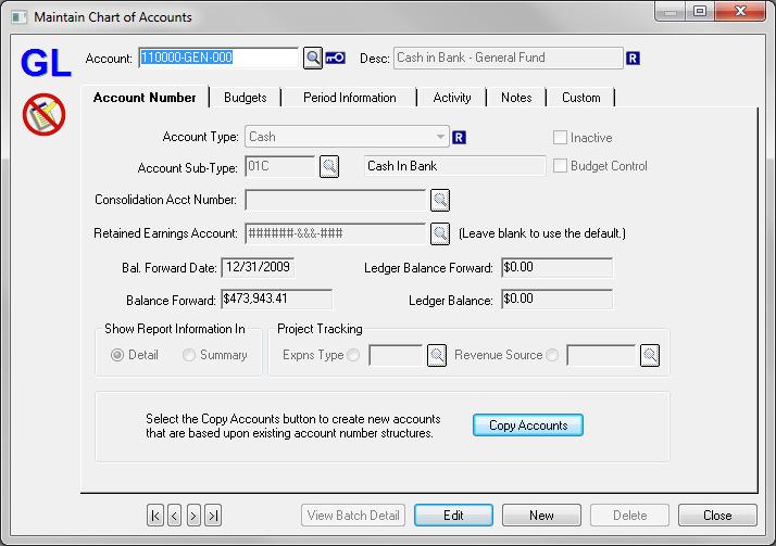 6. Enter the appropriate data in the required fields. 7. Click Ok. The dialog box closes and the General Ledger Setup Checklist dialog box appears with a checkmark next to GL configuration. 8.
