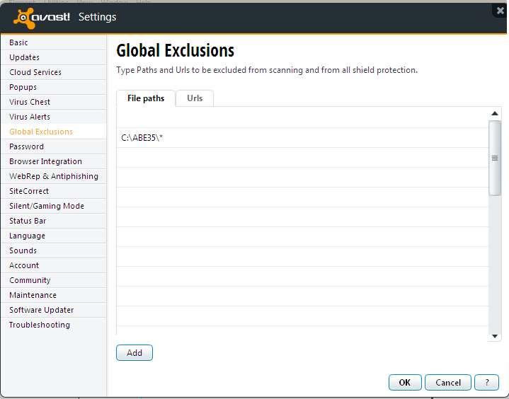 Avast - Free Antivirus - Cont d Now you will see the Global Exclusions Page.