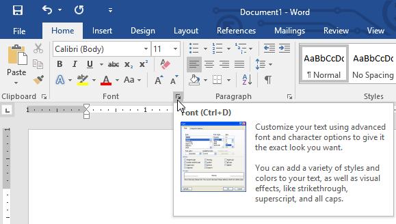 Each tab contains several groups of related commands. For example, the Font group on the Home tab contains commands for formatting text in your document.