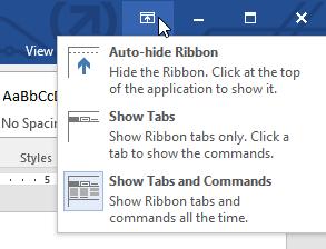 Auto-hide Ribbon: Auto-hide displays your document in full-screen mode and completely hides the Ribbon from view. To show the Ribbon, click the Expand Ribbon command at the top of screen.