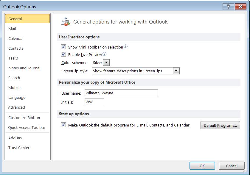 OPTIONS OPTIONS Location: Most options for changing how email,