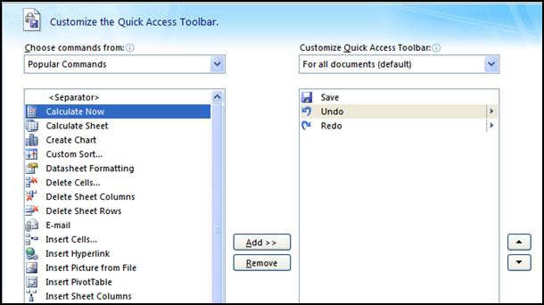 Adding Buttons to the Quick Access Toolbar There are several methods of adding buttons to the Quick Access Toolbar: Right click any button on any tab and select Add to Quick Access Toolbar.