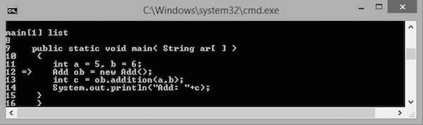 Step 2: Step through the Code The following command steps the execution to the next line. main[1] step Now the execution steps to Line no: 12. You get to see the following output.