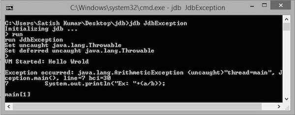 Add ob = new Add(); -> int c = ob.addition(a,b); JDB - EXCEPTION This chapter explains how to handle the exception class using JDB.