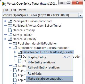 The Make database snapshot action makes OpenSplice Tuner create a snapshot of the contents of that specific database and open a reader snapshot window that allows browsing through the contents of the