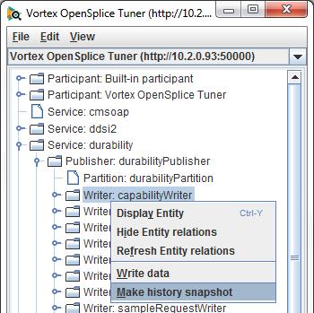 7 Creating a Snapshot of Writer History Cache OpenSplice Tuner also provides facilities to browse through data in the history cache of an existing application writer without influencing it.