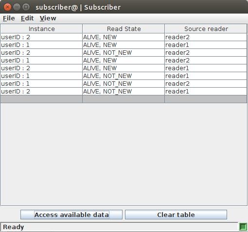 This view contains a single component, a table containing samples that are taken from the subscriber s data readers in a coherent and ordered set (if the subscriber s Presentation policy has those