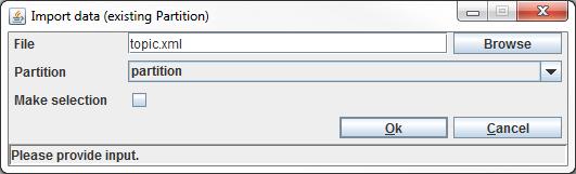The File input field must specify the location of the data on disk. The Partition field specifies the partition where the data must be imported in.