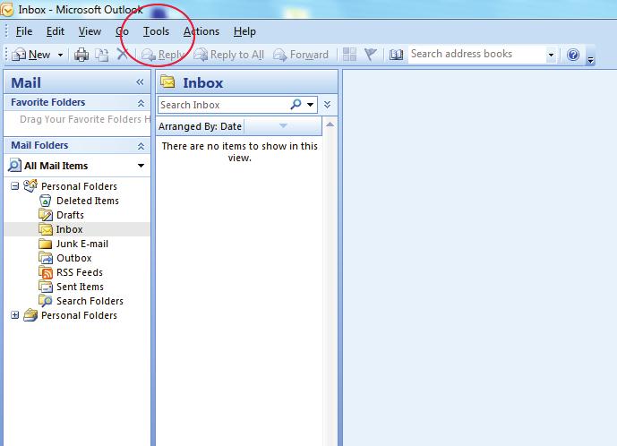 How to add a @riotx.org on Microsoft Outlook 2007 1.) Click Tools from the navigation bar of Outlook 2007.