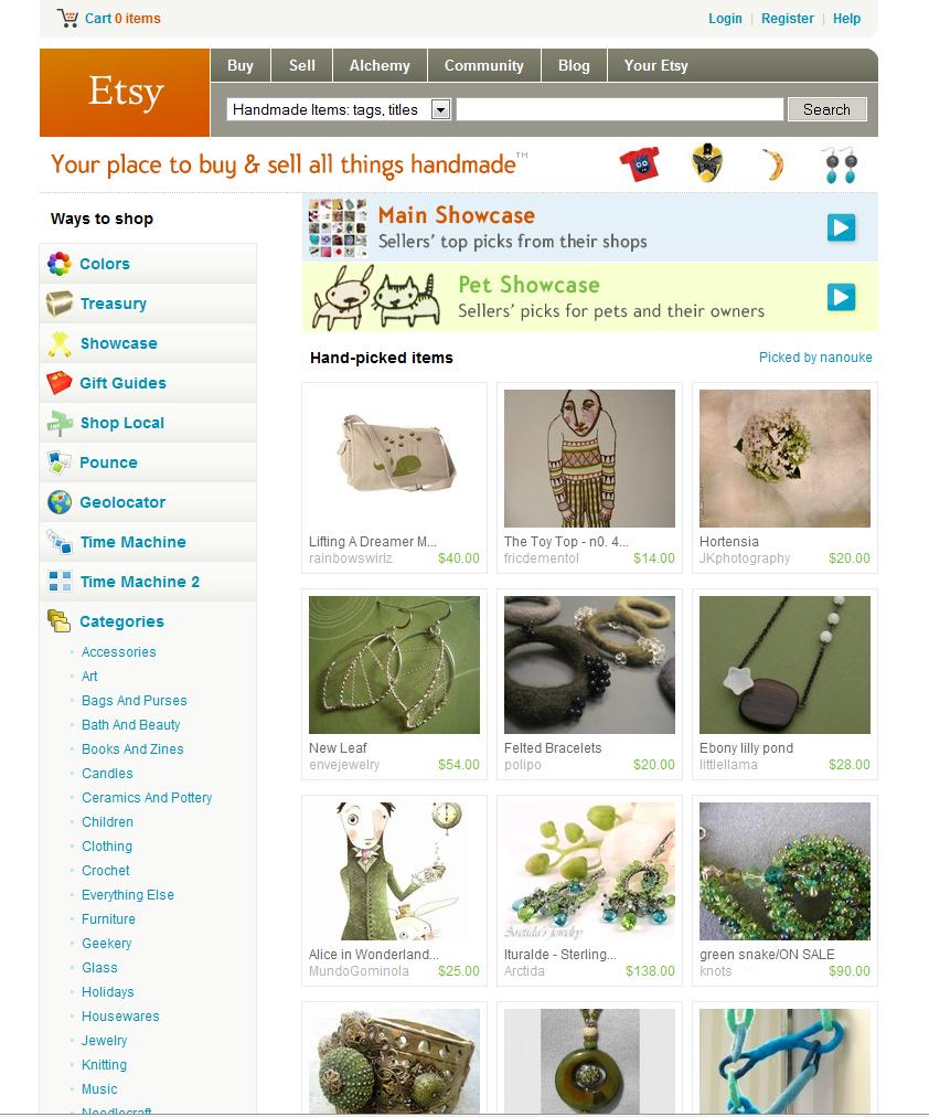 Shopping cart, search bar, and links on top Navigation menu