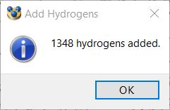 Hermes will notify you that 1348 hydrogen atoms have been added. Click OK to exit the pop-up window.