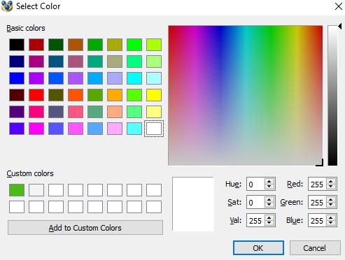 From the Select Color dialogue box, you can click to select any colour you want, or type in the numerical values for Hue/Sat/Val