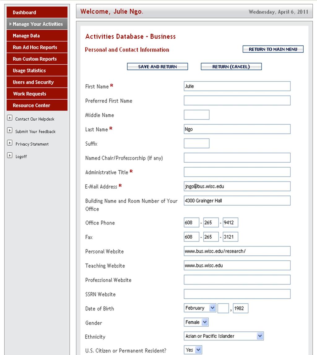 Please enter your personal contact information. Fields marked with a red R are read only fields.