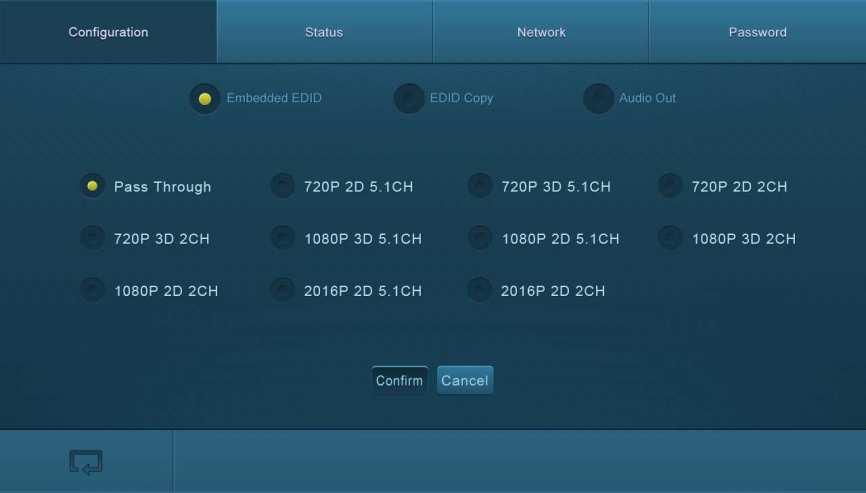 Return Figure 5-11 Embedded EDID All internal EDID settings of the AVG-UHD4K-44 are shown in the above interface. Users can select the EDID in accordance with actual needs.
