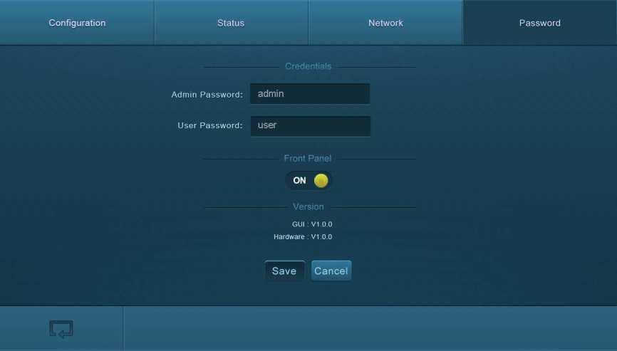 Figure 5-18 Password In the above screen, click on the Front Panel to enable or disable the Front Panel buttons. 5.3.