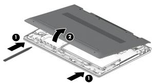 2. Remove the following screws that secure the bottom cover to the computer: (2) Four Torx5 M2.5 6.7 screws under the rear rubber foot strip (3) Three Phillips PM2.0 5.2 screws on the front edge 3.