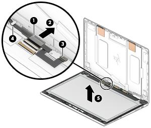c. Release the adhesive strip (1) that secures the display panel cable connector to the display panel. d. Disconnect the display panel cable (2) from the display panel assembly. e.