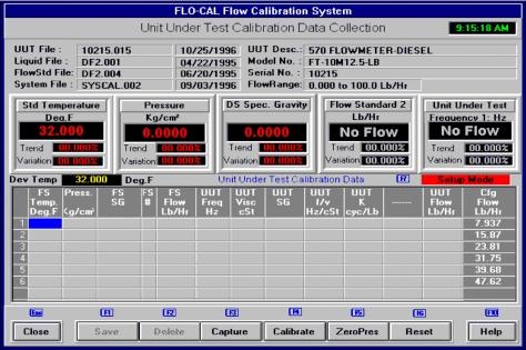 FLO-CAL Software Unit Under Test (UUT) Calibration Once the operator has entered or selected the UUT to be calibrated, the main calibration screen is available to review or enter new calibration data.