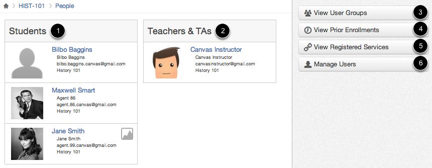 View People In People, you can view the Student enrollments [1] and Teachers & TAs [2] for the student and instructor view.