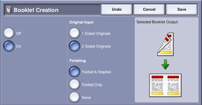 Output Format 2. Select the On button on the Booklet Creation screen. 3.